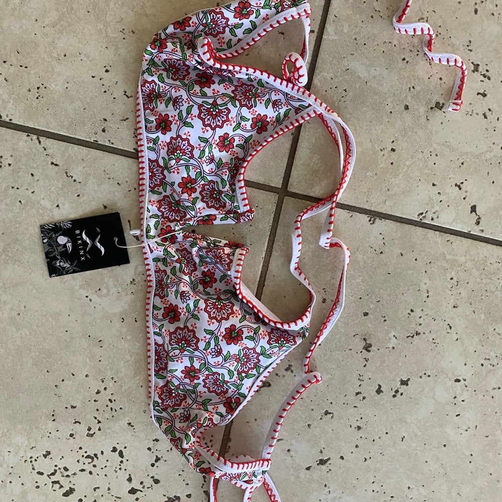 Floral Bikini Top with Red and Green Accents